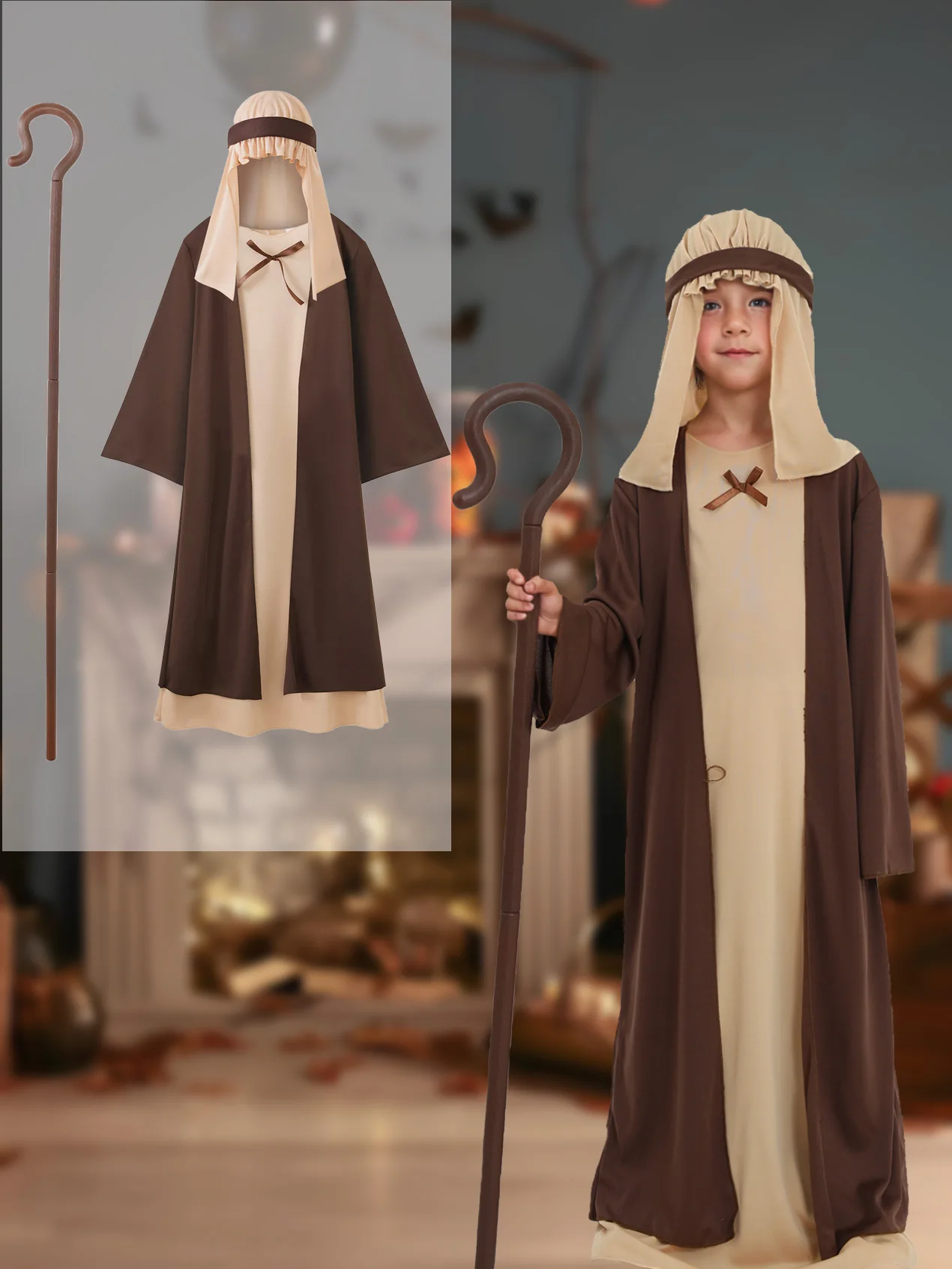 طقم مكون من 3 قطع مناسب لكل من الرجال والنساء، رداء بغطاء للرأس عربي بني عتيق، صولجان رائع، زي حفلات الهالوين التنكرية