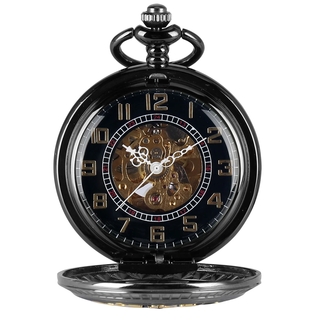 Retro Black Men's Self Winding Mecânica Pocket Watch Oco Ouro Arábicos Numerais Design Antigo Pingente Assista Cadeia de Bolso