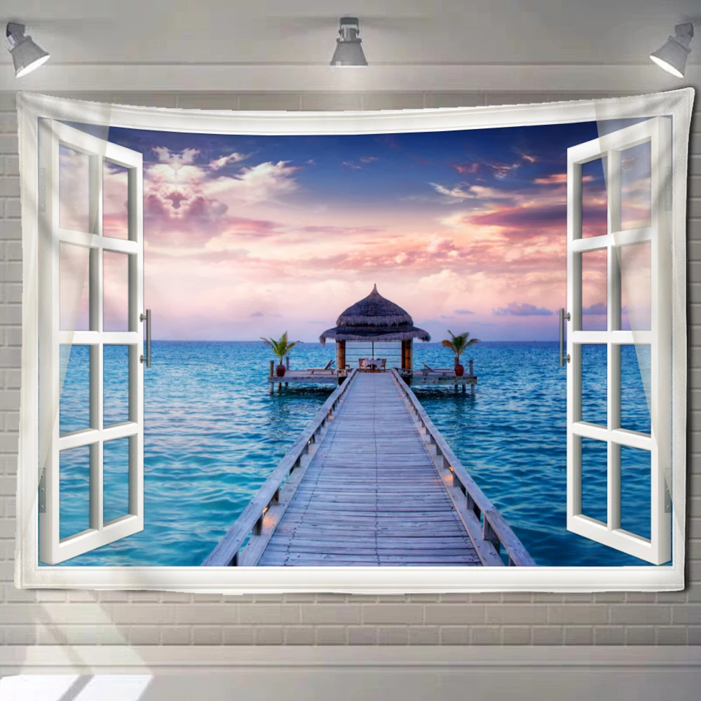 Beach Landscape Window Painting Tapestry Wall Hanging Hippie Tapiz Psychedelic Art Background Home Decor