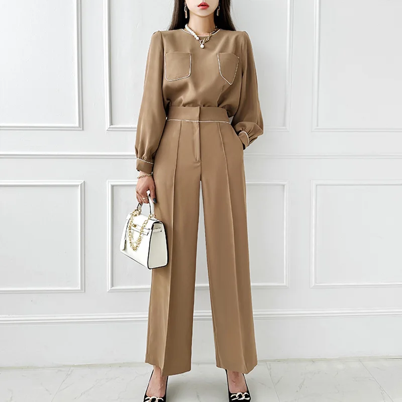 

New Autumn Temperament Pants Sets Women O-neck Long Sleeve Casual Loose Shirt Top + Wide Leg Pants Two Piece Sets High Quality