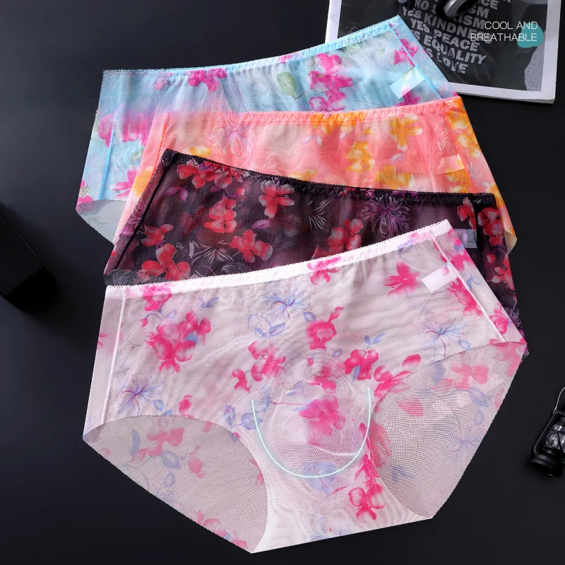 

Men's 3D Space Capsule Molded Pouch Briefs Floral Print Sheer Mesh Ice Silk Ultra Thin High Elastic Male Underwear