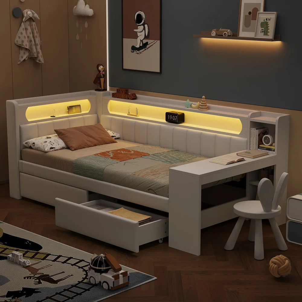 Multifunktionales, platzsparendes Tagesbett 90 x 200 – gepolstertes Schlafsofa mit Schreibtisch und 2 Schubladen, USB-Anschlüssen + LED-Streifenlichtern