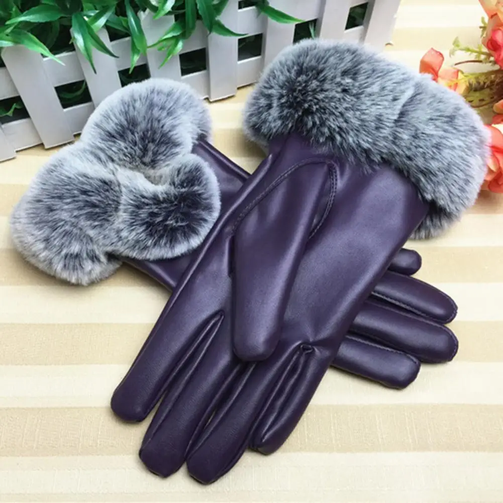 Full Finger Faux Leather Women Gloves Soft Plush Lining Driving Mittens Faux Rabbit Fur Touchscreen Gloves Fashion Ski Gloves