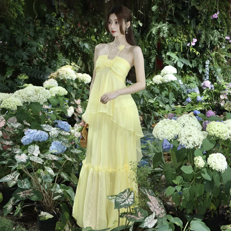 2026 Summer New Fashionable French Niche Design Sense of Luxury Gentle Breeze Beach Vacation Yellow Hanging Neck Dress for Women
