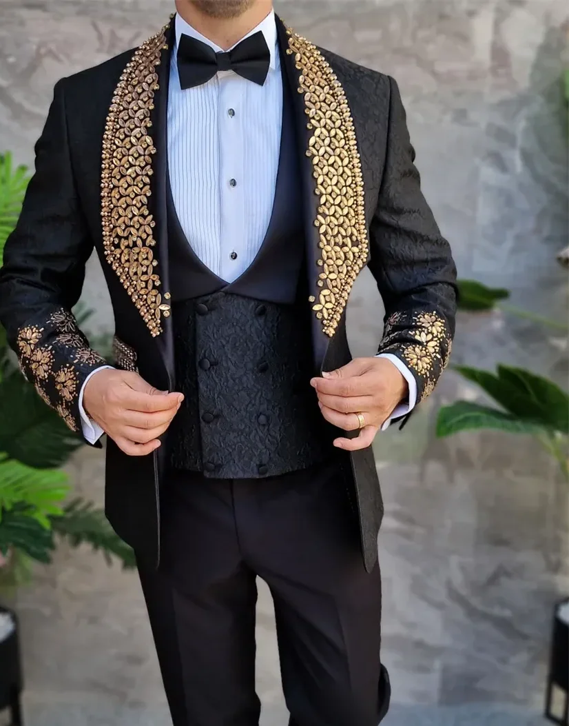 現代のジャカード生地男性高品質ビジネススーツラインストーン 1 ボタン 2 個ブレザーパンツタキシード男オフィスカスタマイズ