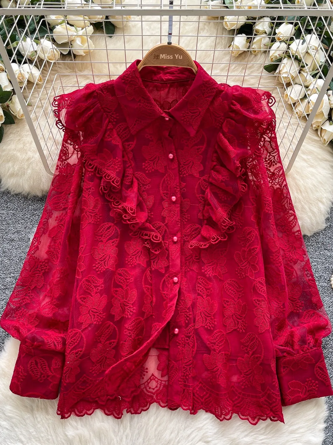 

Элегантная женская блузка из сетки с вышивкой, с длинными рукавами, без воротника, в стиле кардигана, с цветочным кружевным подолом