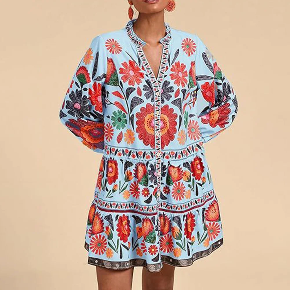 Sukienka w stylu boho z kwiatowym wzorem, seksowny krój, fabrycznie nowa, materiał poliestrowy, luźny krój, zapinana na guziki z przodu, strój na wakacje.