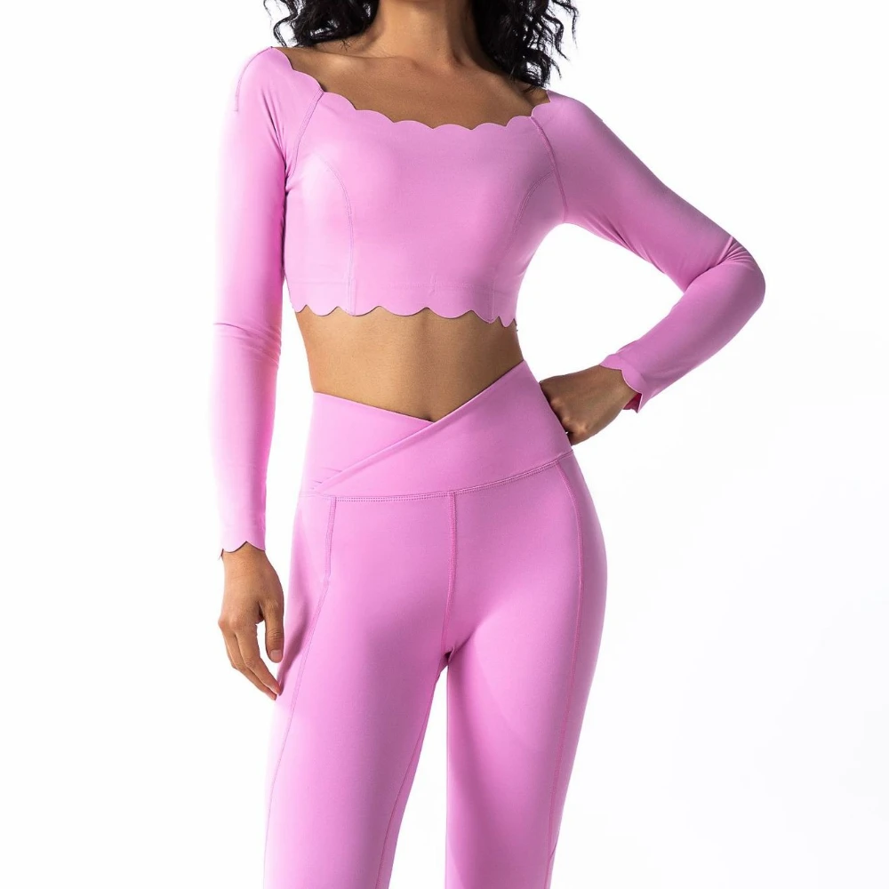 سترة صغيرة من الدانتيل بأكمام طويلة للنساء مع وسادة صدر ضيقة ومريحة للتدريب، ملابس رياضية للجري واللياقة البدنية واليوجا