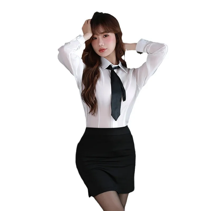 

Sexy Lingerie Secretary Uniform Late Night Bar Exotic Cosplay Costume Office Lady Long Sleeve Top with Mini Skirt Set Temptation