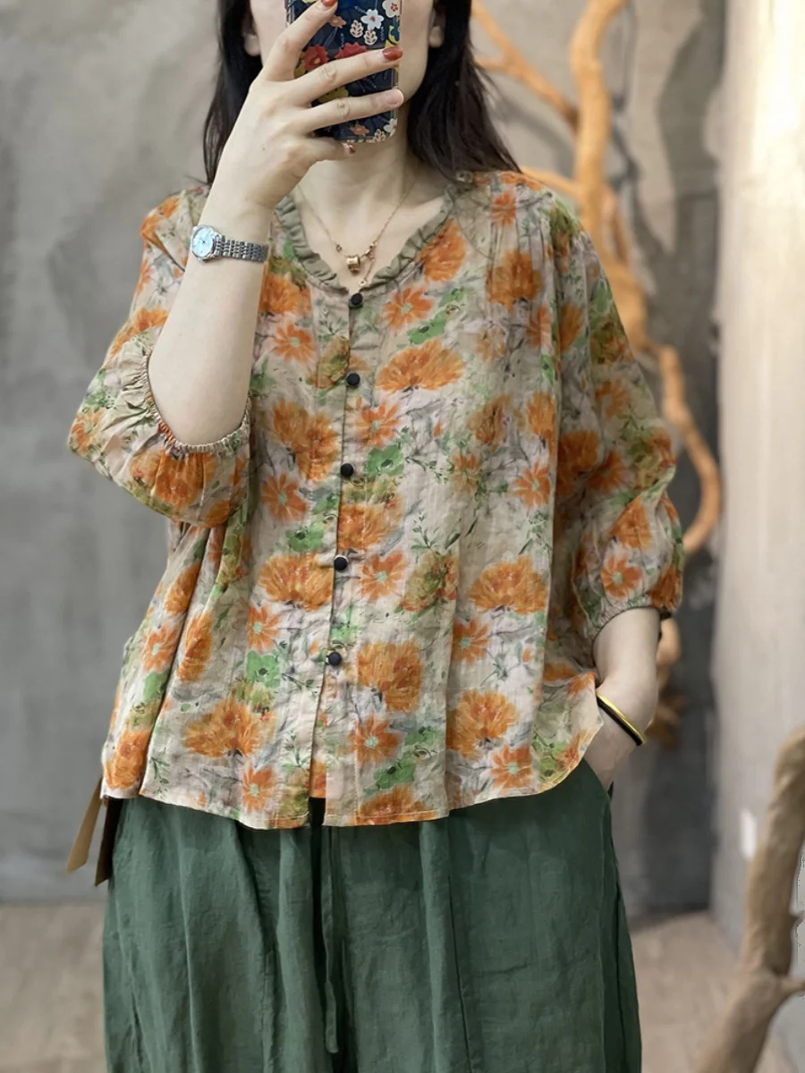 

plus Size Women's Artistic Floral Linen irt Lantern Sve Casual Patchwork Breathable Slimming Linen Top V-ne Seven-quar...