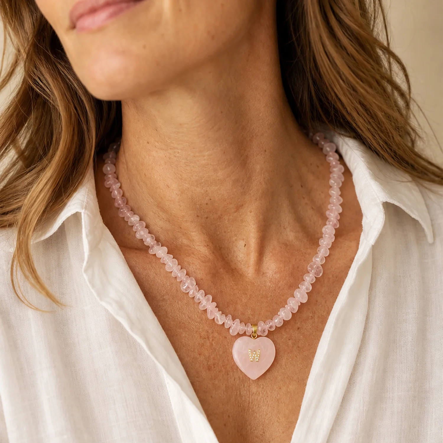 Qitian Custom A-Z Initial Necklace Pink Natural Stone Beaded Necklace CZLetter Heart Pendant Personalized Jewelry Gift For Women