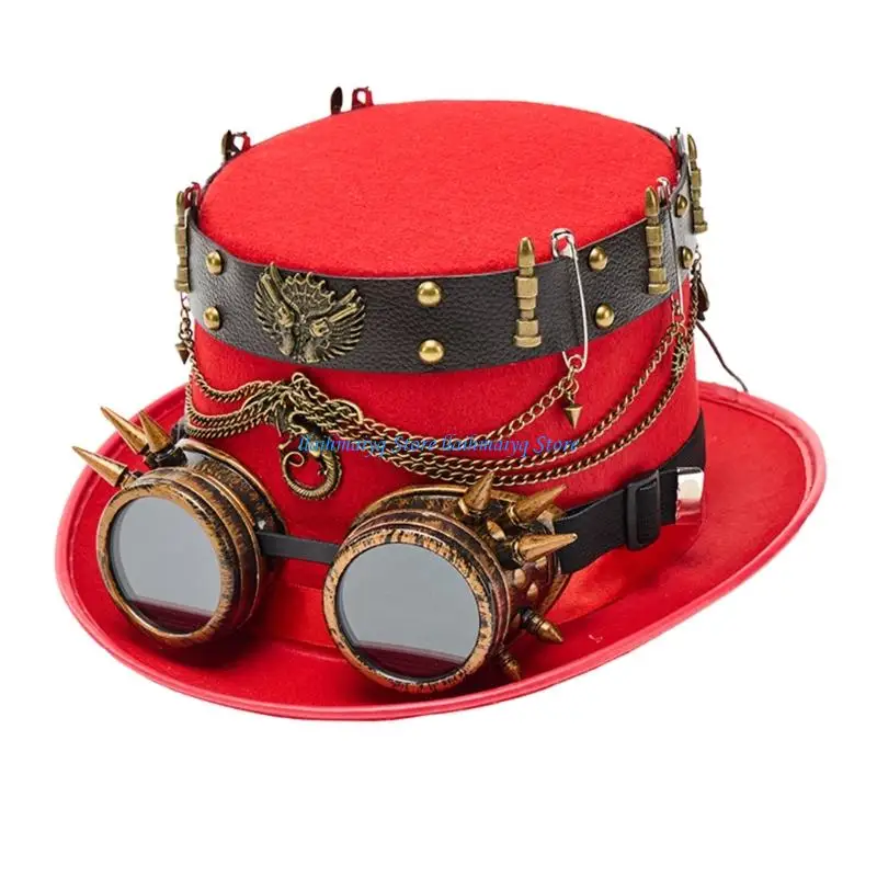573B Red Hat Rivets Metal Chain Gothic Hat Gothic Costume Headpiece for Party