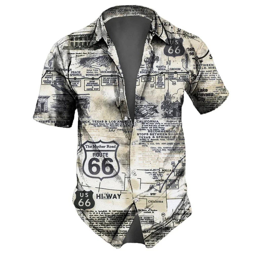 

Vintage Men's Shirts Route 66 Print Short Sleeve Tops Summer Clothing American Landmarks Pattern Shirt Oversized Tees Streetwear