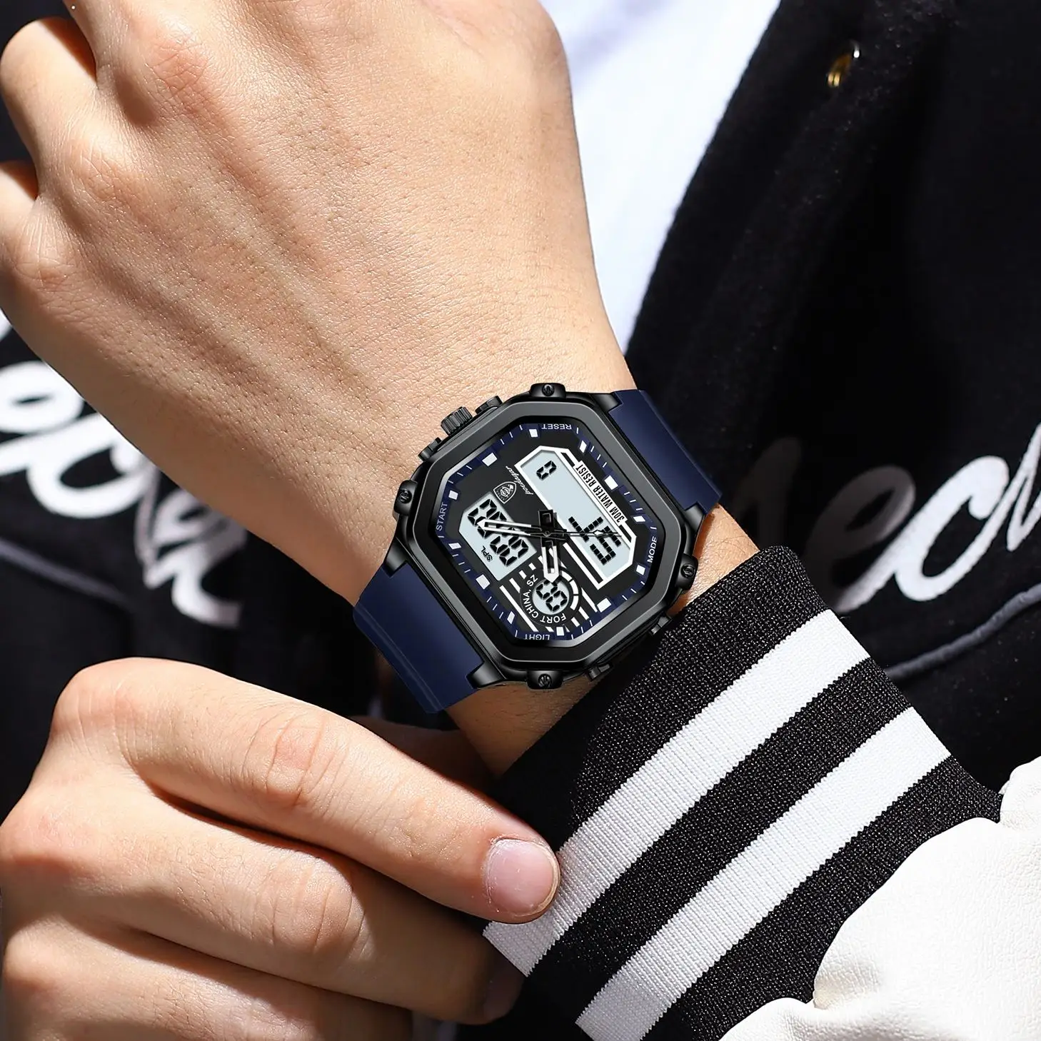 POEDAGAR ساعة رياضية مربعة للرجال مقاومة للماء LED مضيئة تاريخ الأسبوع رجل ساعة اليد سيليكون حزام الكوارتز الإلكترونية ساعات رجالية