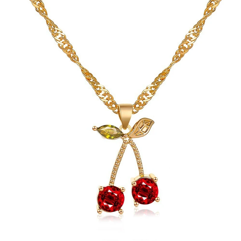 

VIVILADY Red Cherry Fruit Pearl Leaf Heart Love Tassel Necklace for Women Fashion Jewelry Minimalist Accessories Wholesale Party