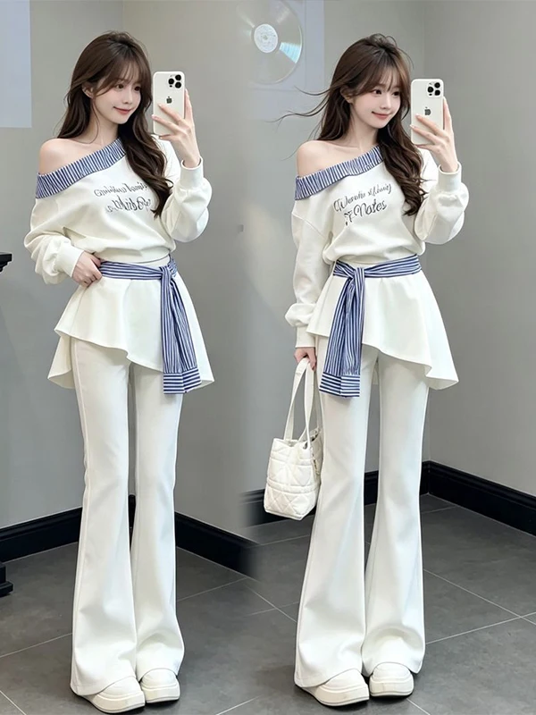 Fashionable Anti-Aging Early Autumn Commute Shoulder-Open Loose Pants Two-Piece Set for Women Casual Style Polyester Fiber