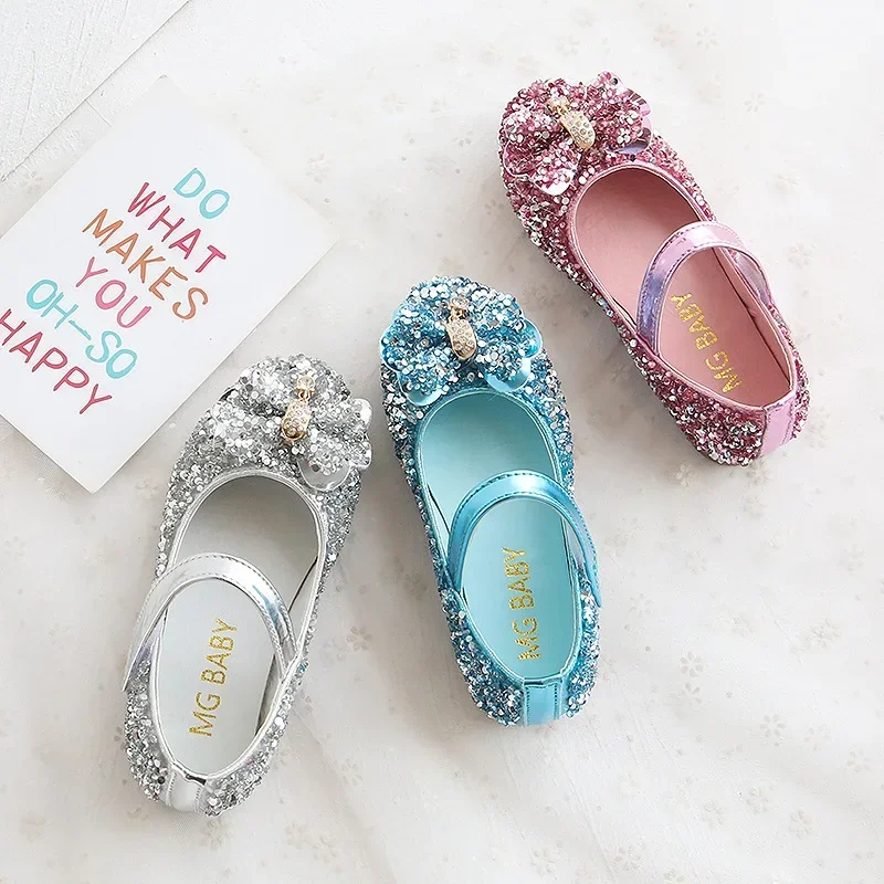 2026Children Leather Shoes For Girls Toddlers Big Kids Dress Shoes For Wedding Party Glitter Sequined Fabric With Bow-knot Shoes