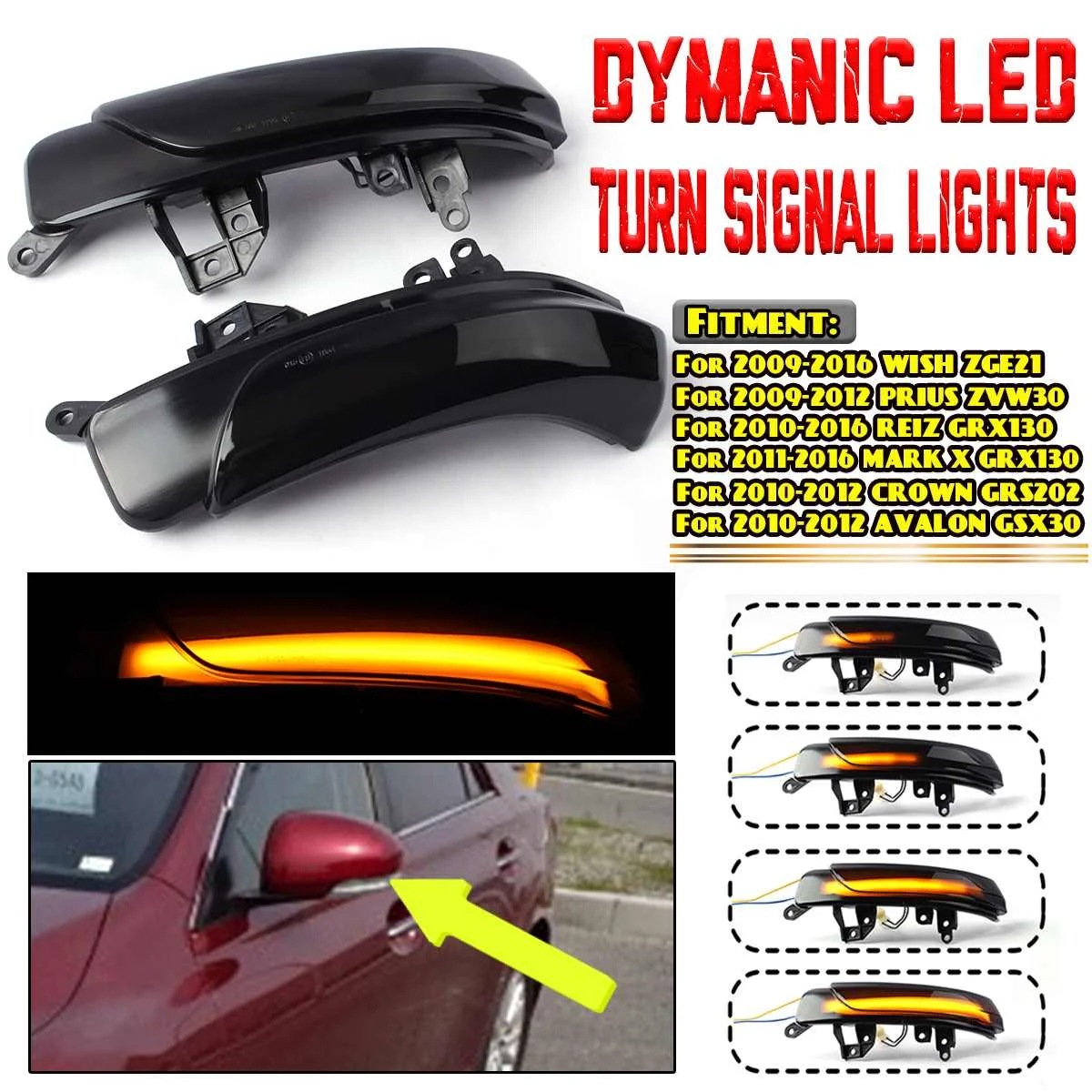 2x LED Dynamic Side Rearview Mirror Light Turn Signal Indicator Lamp Blinker For Toyota WISH PRIUS REIZ MARK X CROWN For AVALON