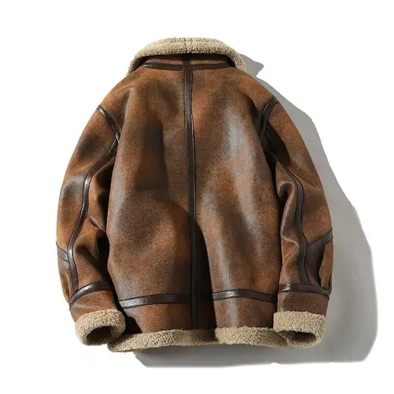 Retro Suede Lamb Men's Fleece Lined Thickened Winter Motorcycle Style Leather Fur Integrated Large Size Jacket