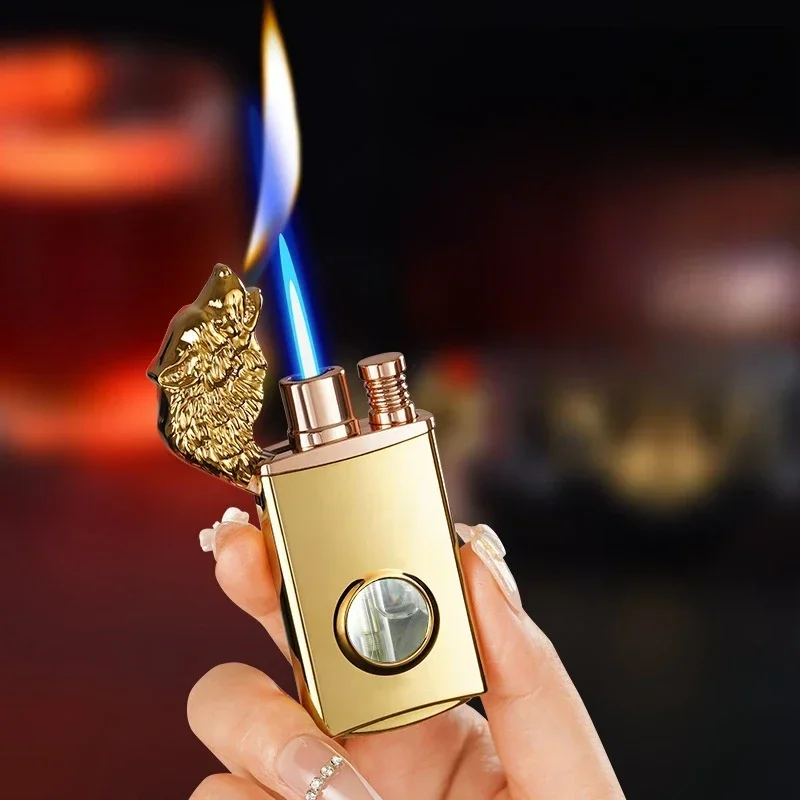 

Double Flame Metal Windproof Wolf Head Lighter, Transparent Luminous Gas Window, Smoking Gadgets, Men's Lighter Gift, Creative