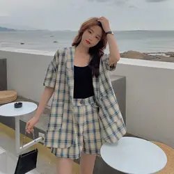 Blazer And Shorts Suit For Woman Outfits 2024 Plaid Summer Short Sleeve Clothing Elegant Classy Women's Pants Sets Cheap Offers