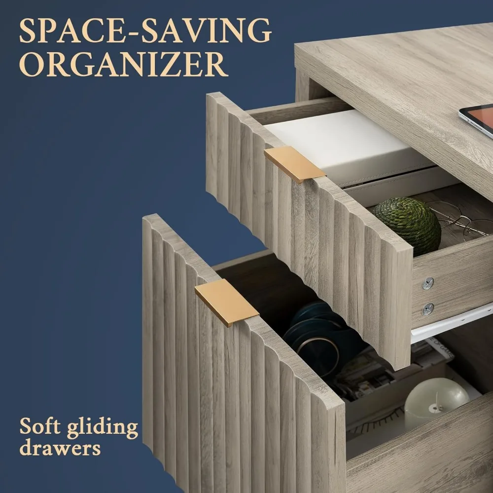 منضدة محطة شحن بتصميم لوحة مخددة، طاولة نهاية ذات درجين لتخزين جانبية للأريكة على طراز المزرعة #6