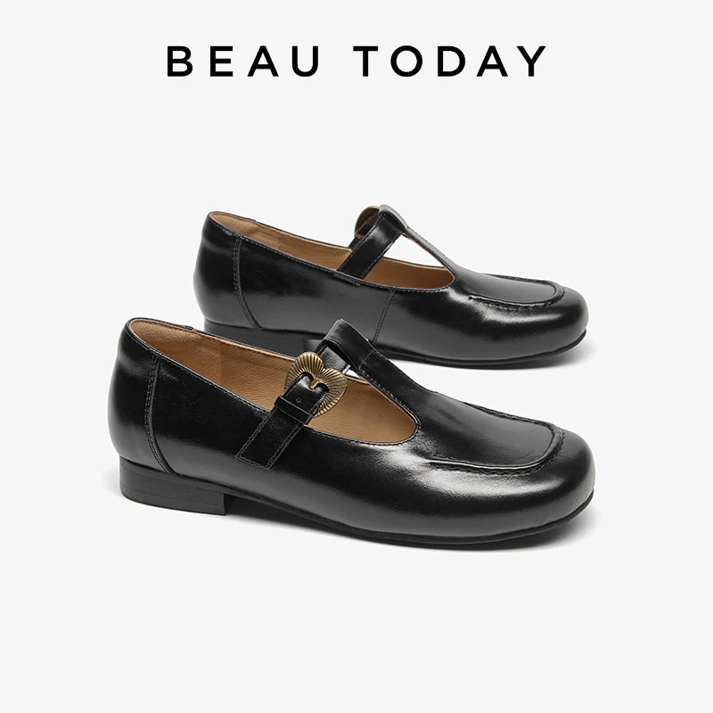 BEAUTODAY Retro Mary Janes Women Cow Leather T-Strap Buckle Strap Round Toe Flats Solid Color Ladies Shoes Handmade 28758