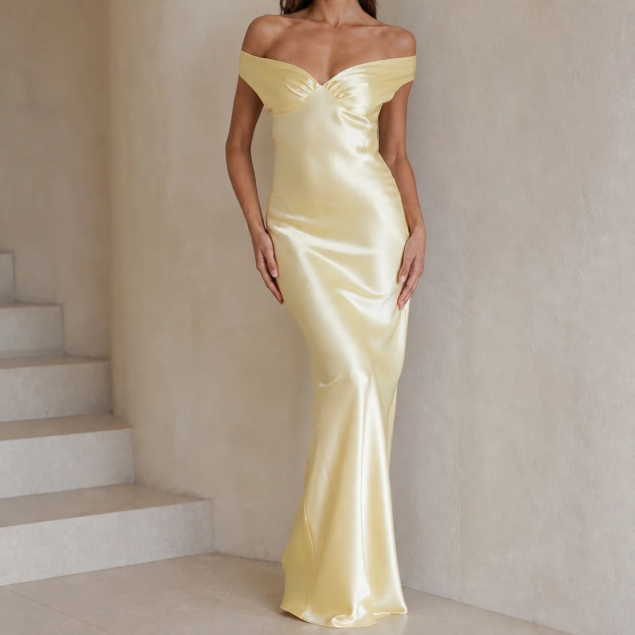 Women's Sleeveless Off Shoulder Satin Wrap Dress for Wedding Guest Elegant Party Prom Long Solid Color High Waist Bodycon