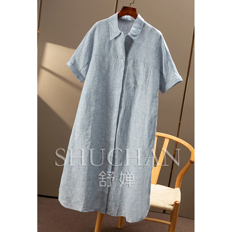 Verde, Francese 100% lino Vita Camicia a maniche corte Abito Donna 49C7 Abiti De Mujer Elegantes Para Fiesta 2025