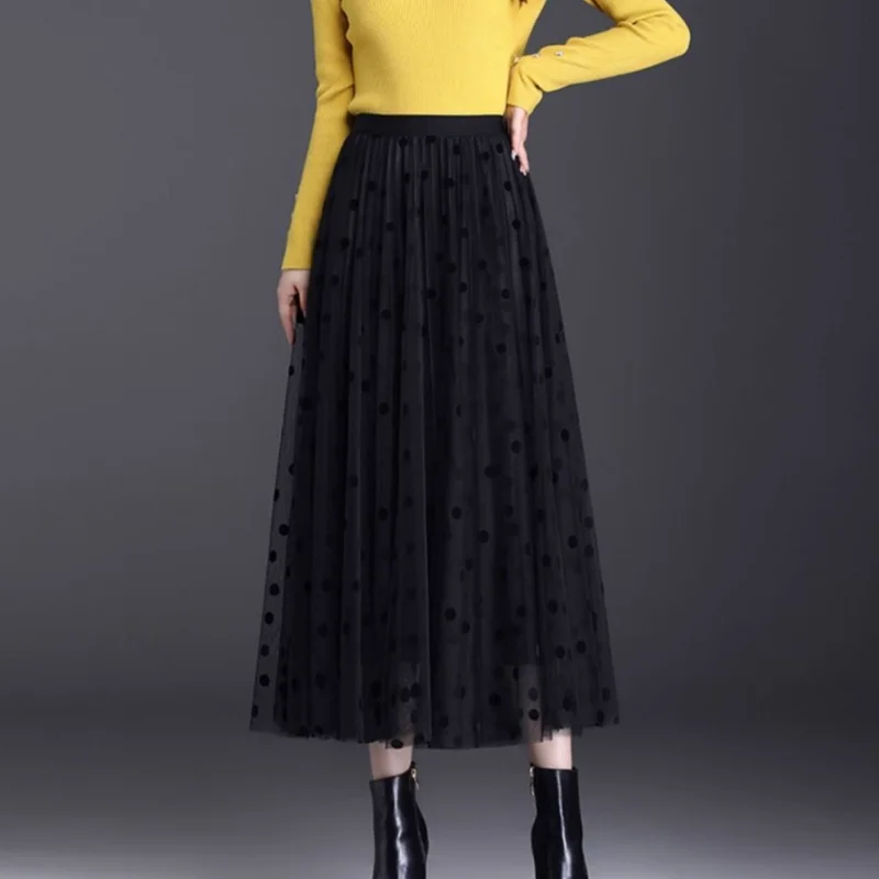 

Pleated Mesh Skirts Women Summer Two Layers New Design Midi A-line Faldas Streetwear Temper Elegant Elastic Waist Fashion Ins