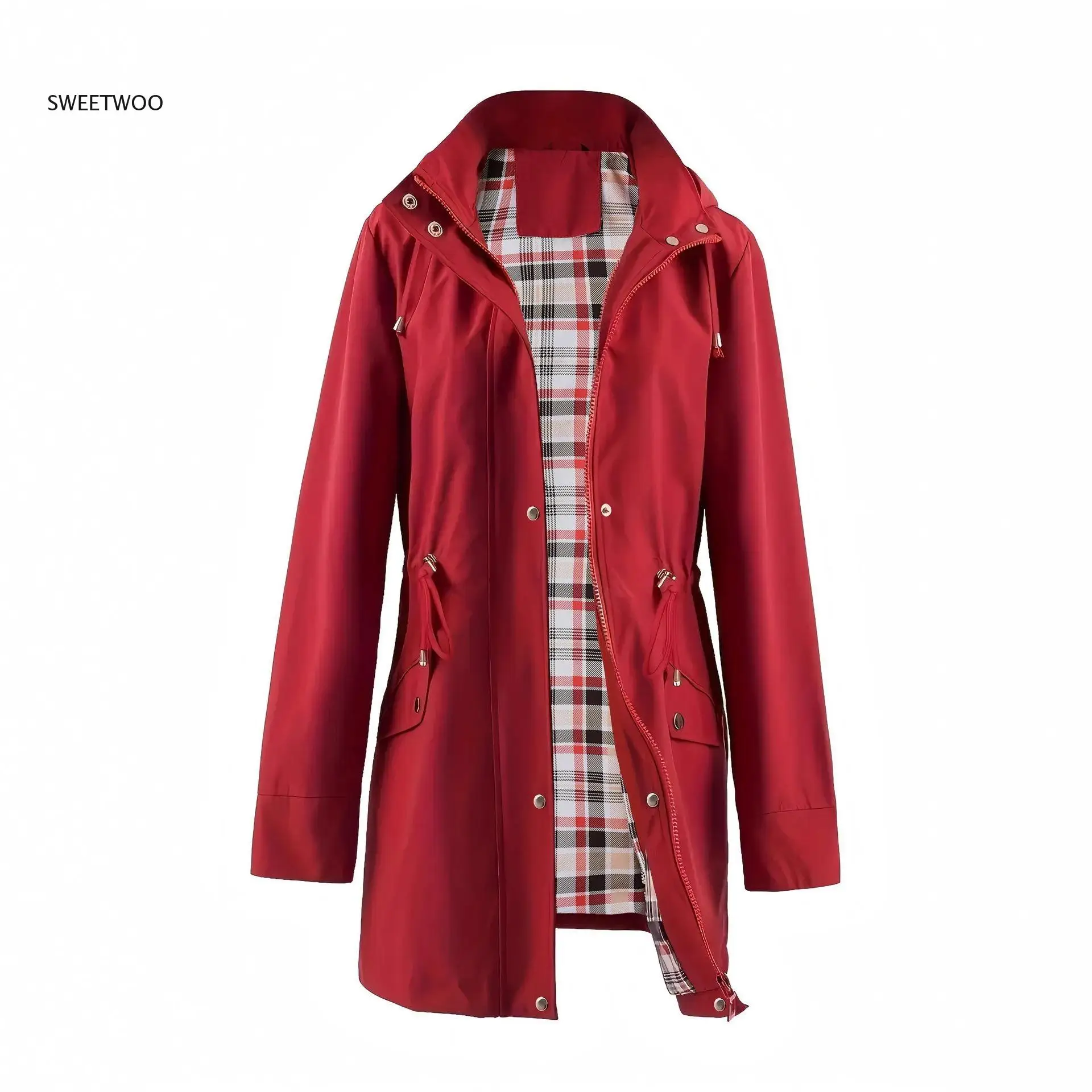 

Women's Trench Coat Water Repellent Windbreaker Jacket, Plaid Lined Lightweight Long Coat for Fall and Spring