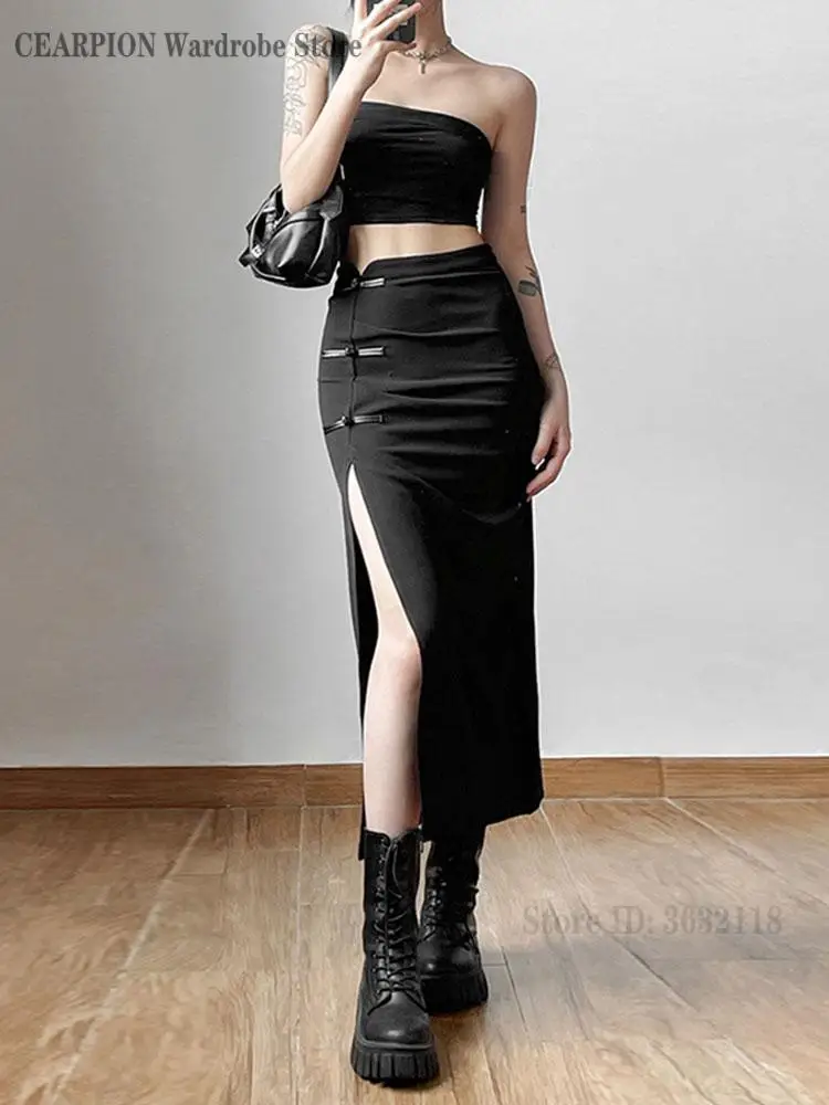 Black Sexy Split Slim Skirt Casual High Street Fashion Clothing Outing Cool Mature Vitality Personality Trend Basic Women Skirts