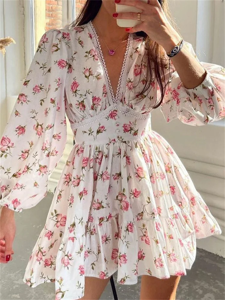 CHRONSTYLE Elegant Women Floral Print Short Mini Dress Long Lantern Sleeve Deep V Neck High Waist A-Line Dresses Female Vestidos