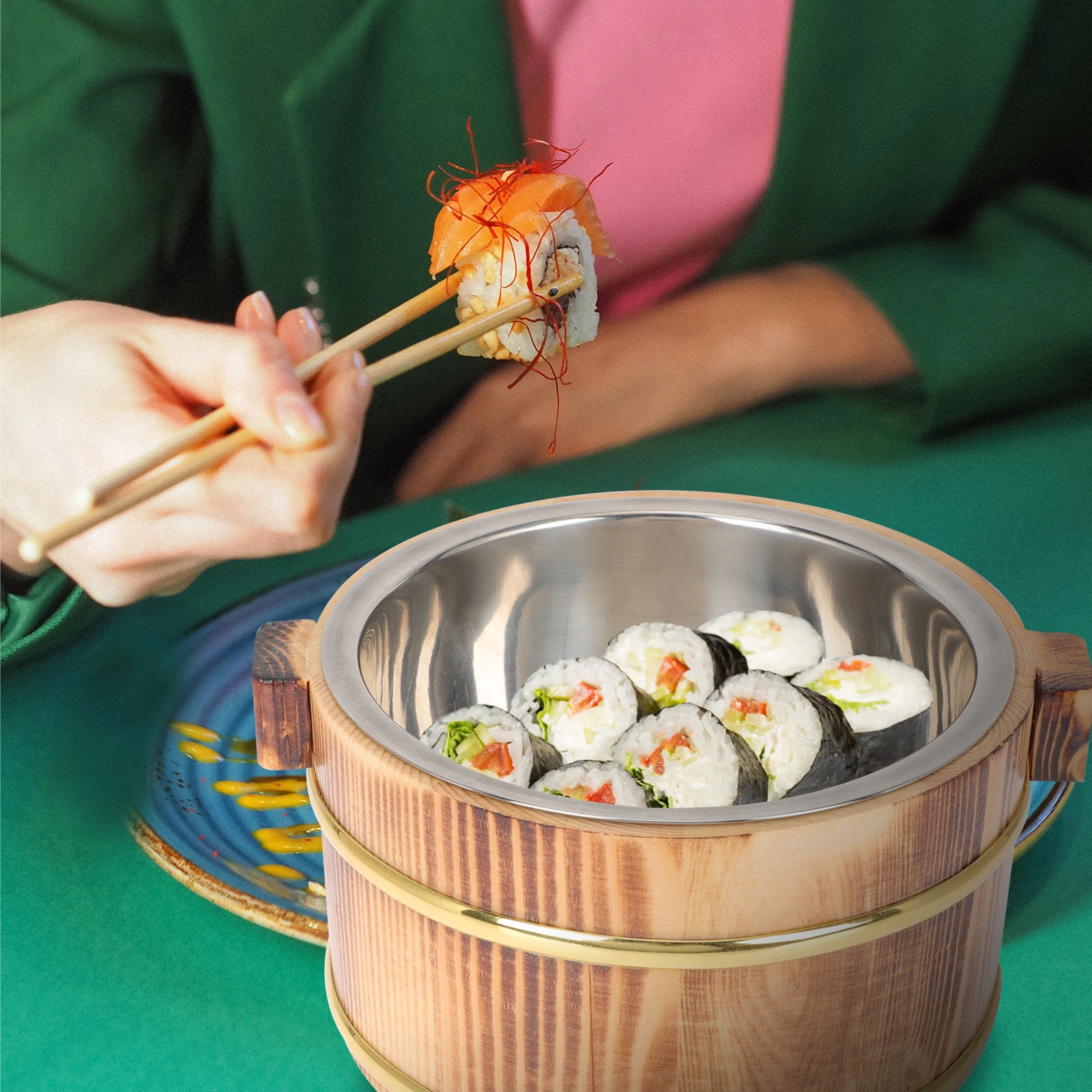 

Stylish Wooden And Steel Food Storage Bucket Perfect For Sushi And Rice Making Kitchen Essential