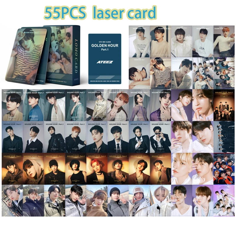 55PCS Kpop ATEEZ Laser Card Album GOLDEN HOUR Part 1 Lomo Card Photo Card Fan Favorite Gift Hongjoong Yeosang Postcard K-POP