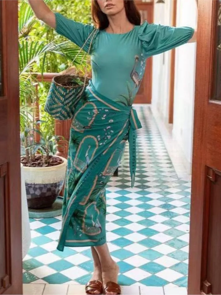 Retro Bikini Printed Fashion Two Piece Swimsuit And Cover Up With Skirt Tight Women's Bandage Summer Beach Luxury Elegant