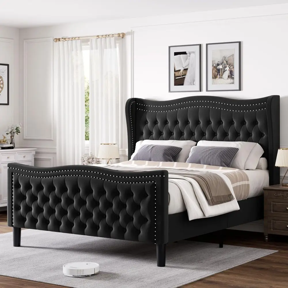 Luxurious Velvet Upholstered Platform Bed Frame