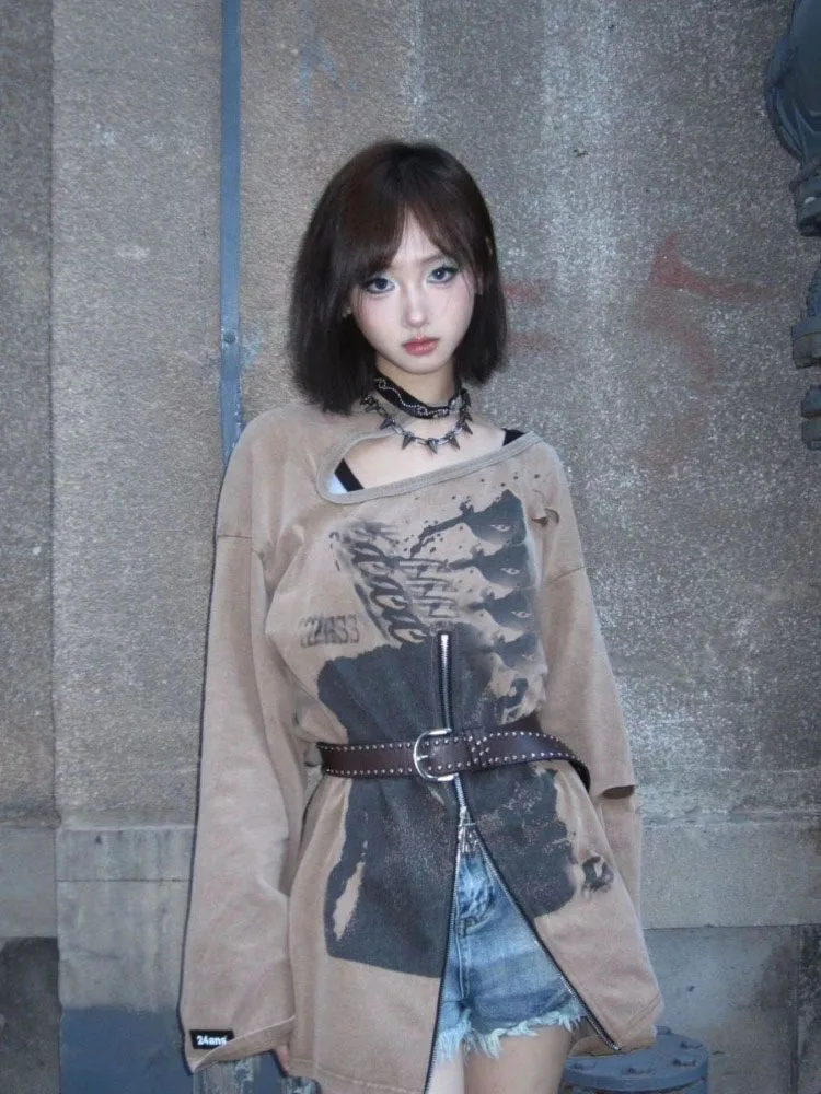 

Y2k винтажный свитшот с эстетическим принтом феи, свободные топы, уличная одежда, топы, женские толстовки в стиле Харадзюку на молнии в стиле гранж, Moletom