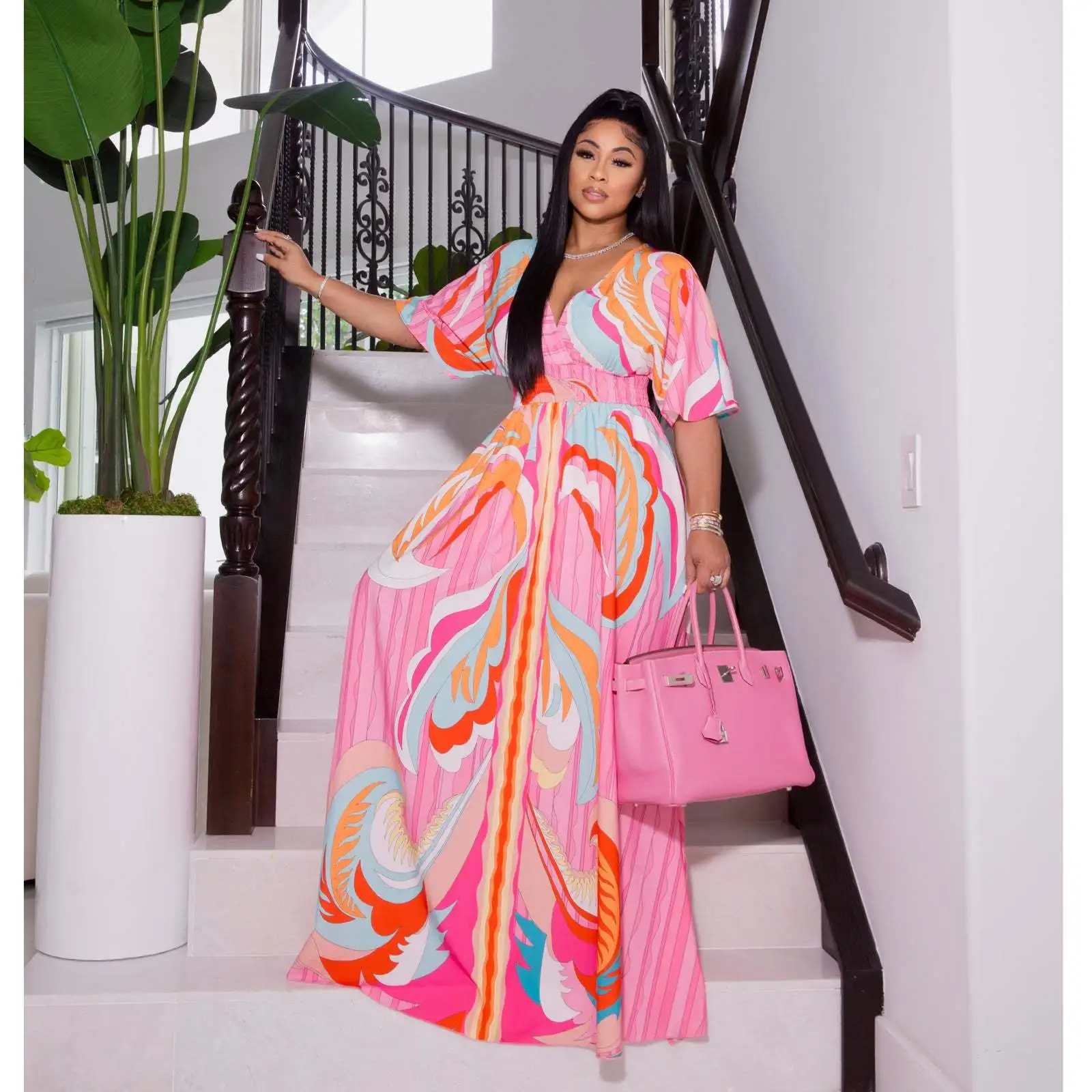 

Long Dress Women Dresses A Line Vestidos Streetwear Party Club V Neck Short Sleeve Print Elegant Splice Y2k Maxi High Waist 2025