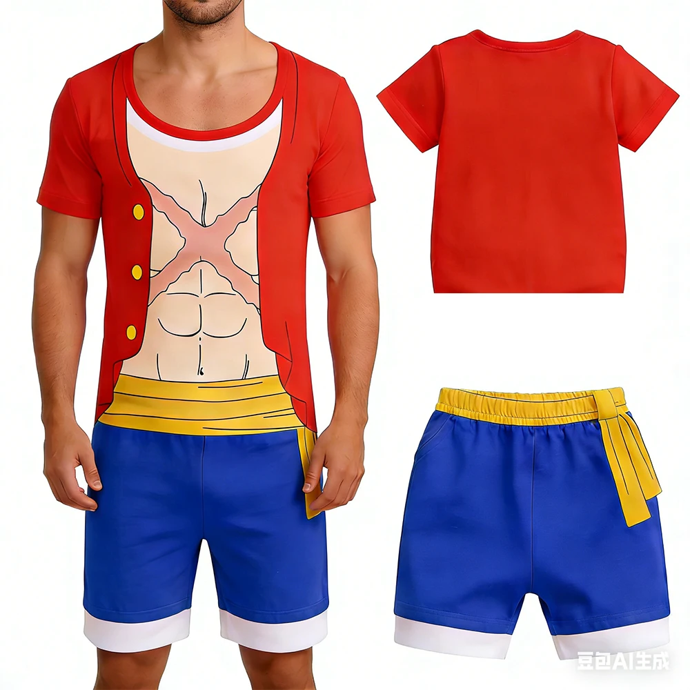 2026 Summer New Live Version One Piece Men Tee Suit 3D Cartoon Monkey D. Luffy Cosplay Short Sleeve Shorts Cartoon Sports Set