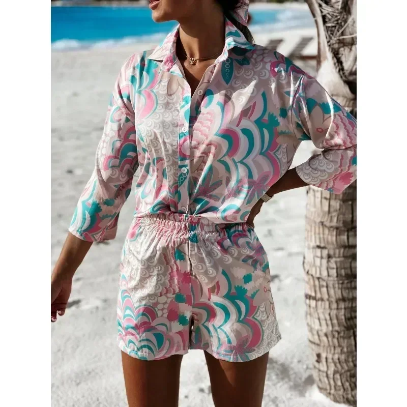 Summer Women\'s Long Sleeved Shirt and Shorts Set Printed Collar Set Casual Beach Fashionable Party Holiday Style Women\'s Set