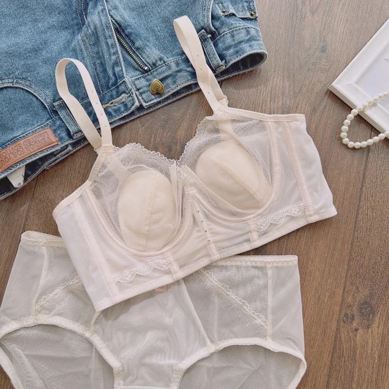 

Милый кружевной мягкий бюстгальтер на косточках большого размера со сборками, большая грудь, маленькое нижнее белье, ультратонкое нижнее белье с чашками кролика и комплект трусов