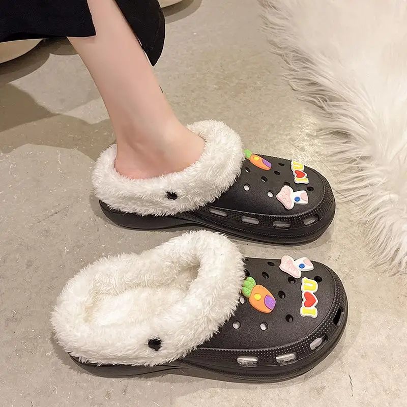 1 Pair Removable Cotton Sleeve For Crocs Slippers Black/White Insoles Inserts Fur Lined Shoes Plush Liner Winter Warm Shoe Cover