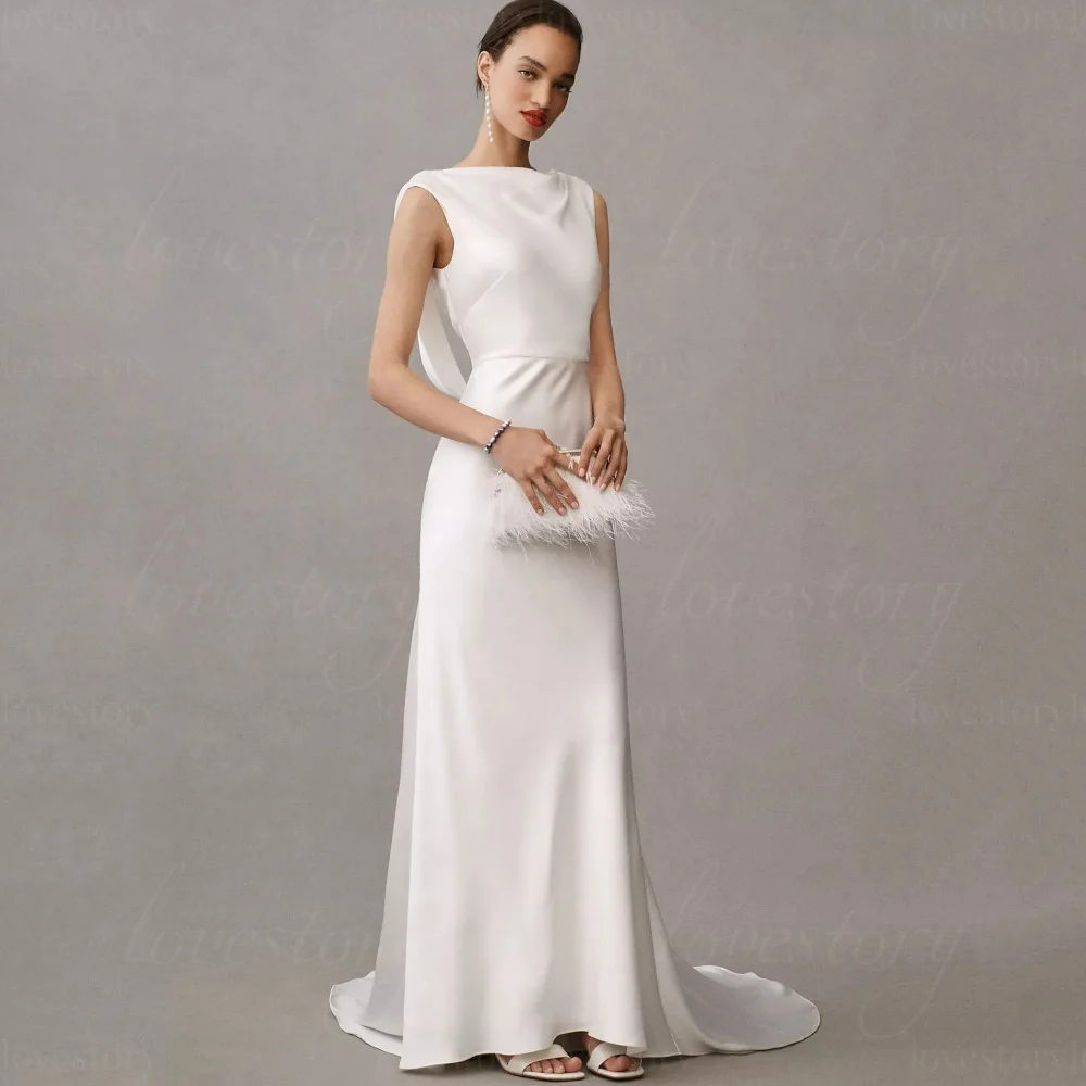 

Customized Wedding Dresses Tank Simple Satin Bridal Gowns Mermaid Backless Button Bride Robe Vestidos De Noiva