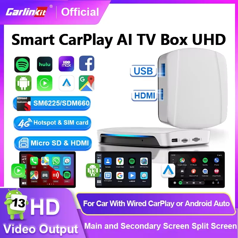 CarlinKit UHD Android 13 CarPlay AI Box Беспроводной адаптер CarPlay и Android Auto 8G + 128 ГБ Выход HDMI GPS для YouTube Netflix IPTV