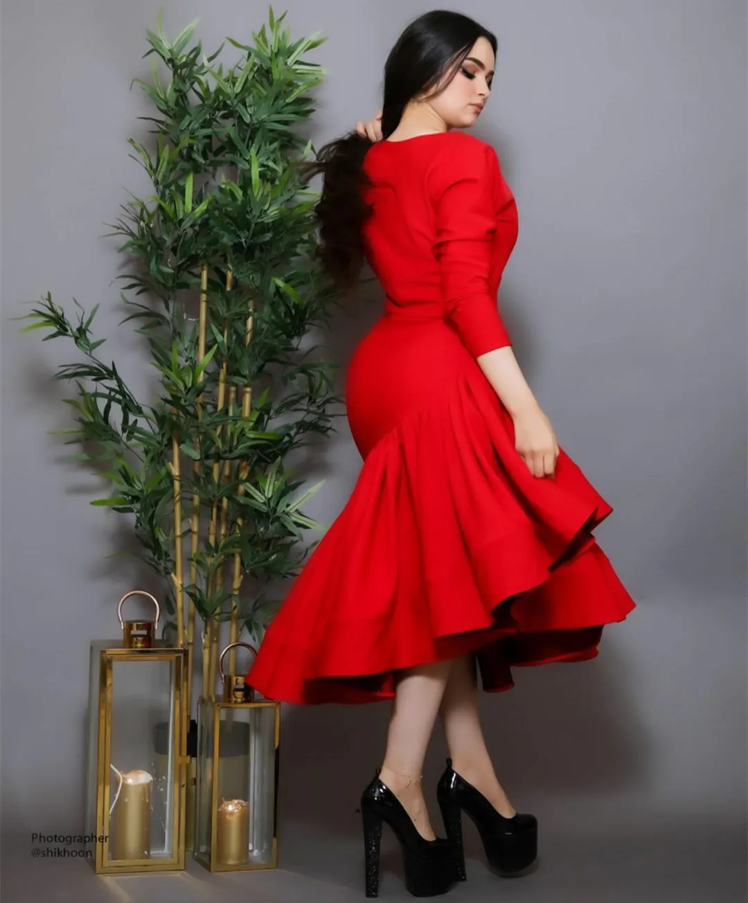 Elegant Long Sleeve Red Crepe Evening Dresses Mermaid Ruffled Tea Length Pleated Prom Dresses for Women