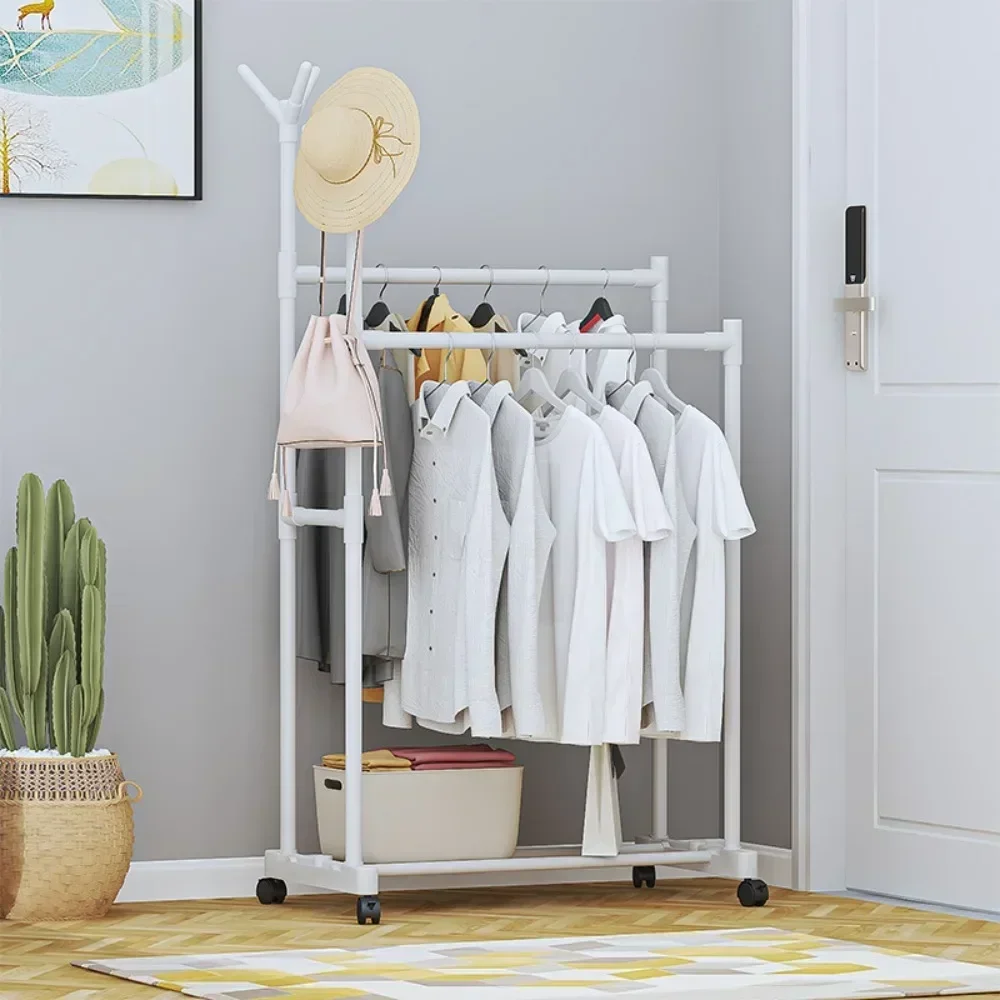 Double Rods Garment Rack Simple Floor Standing Clothes Hanger Bedroom Multifunctional Movable Clothing Rack Stand with Wheels