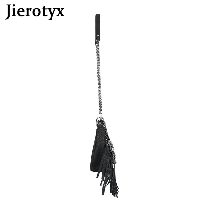 JIEROTYX Skull Face Fringed Hobo Shoulder Bag for Women Gothic Purse Black Leather Crossbody Handbag Purse Chain Decor