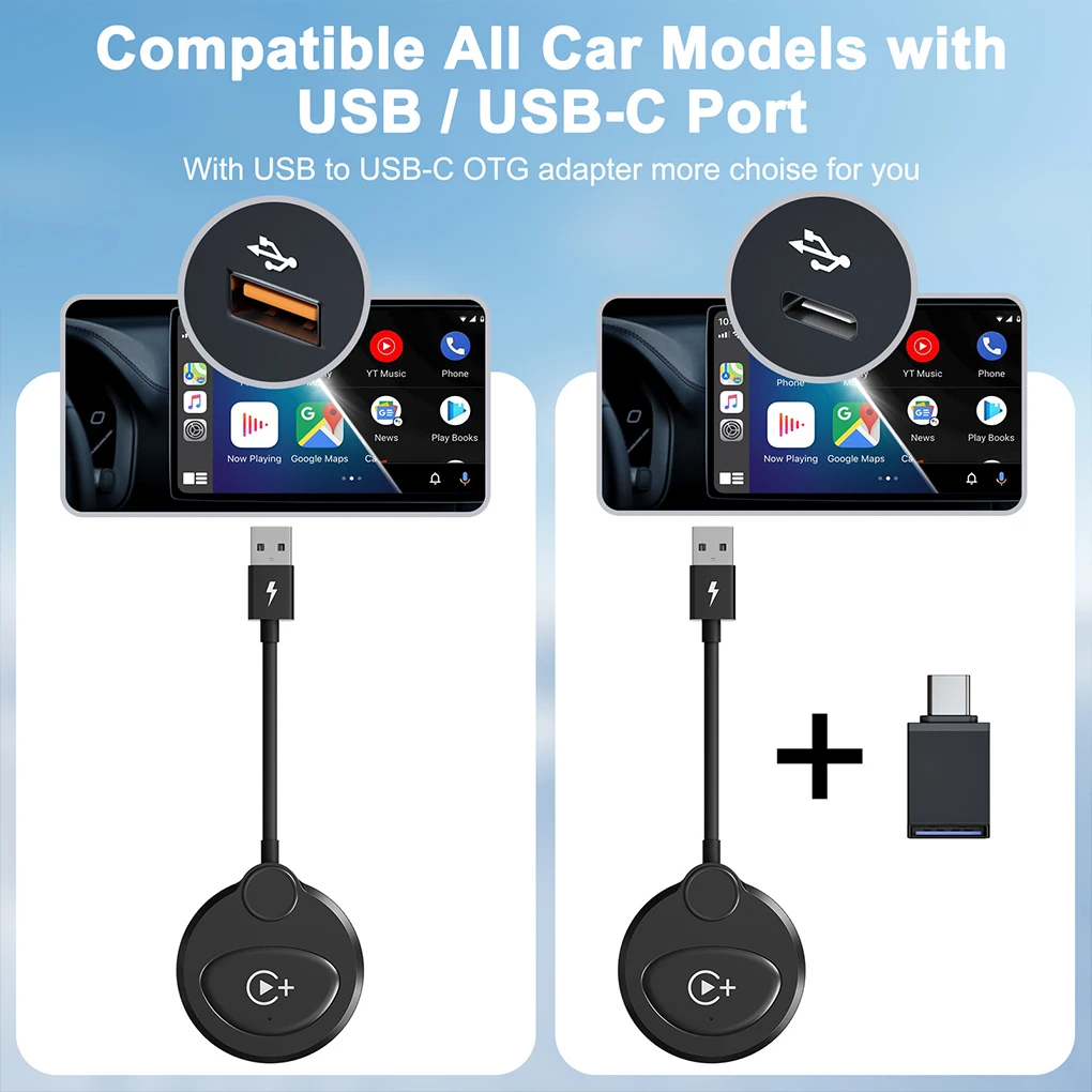 Carplay Wireless Adapter with Youtube Netflix Tiktok, Wireless Apple CarPlay USB/Type C dongle Convert Factory Wired to Wireless