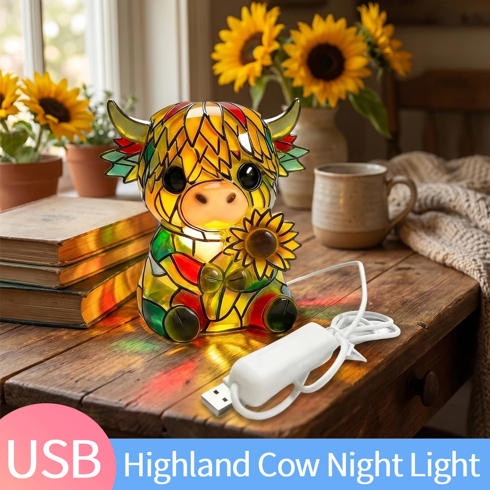 Resin Sunflower Highland Cow Small Bedside Table Light with USB Ports for Home Office Bedroom Living Room Desk Decor
